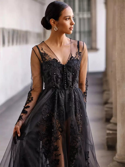 Black Gothic A-Line Long Sleeves Buttons Lace Brush Train Wedding Dress