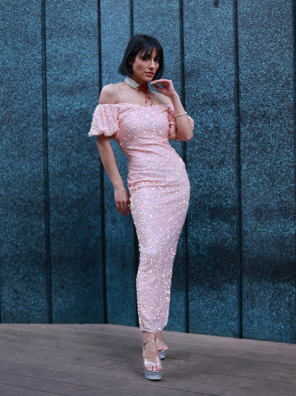 Pink Sequin Off-Shoulder Long Prom Dress