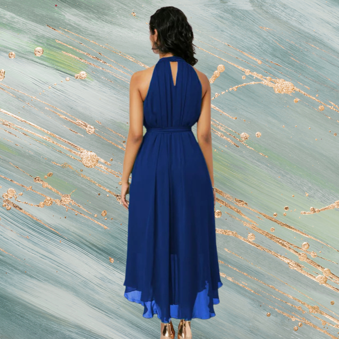 Irregular Halter Sleeveless Belted Prom Midi Dress