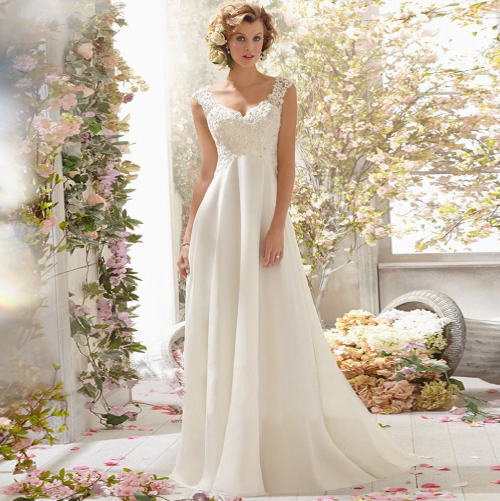 A-Line V-Neck Sleeveless Lace Flora Beaded Brush Train Wedding Dress