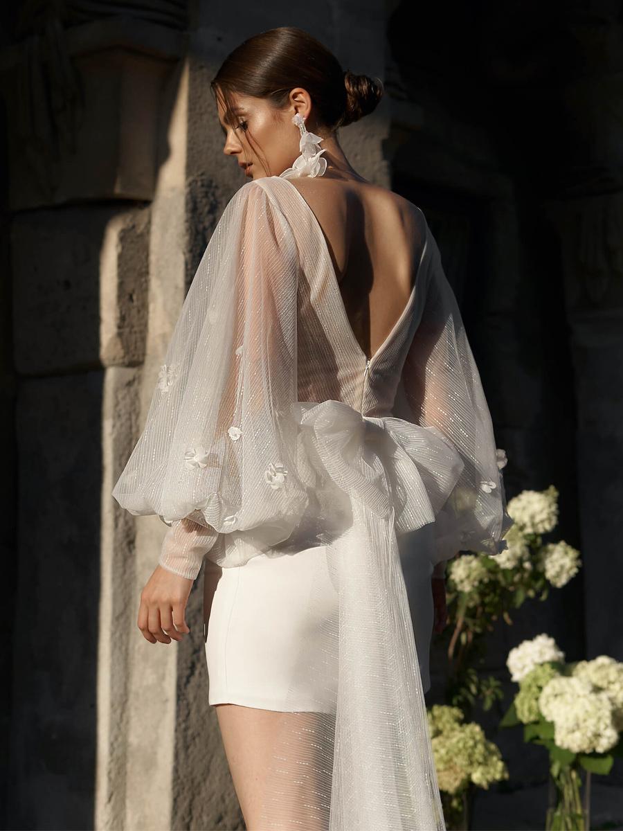 Ivory V-Neck Long Sleeves Sheath Stretch Crepe Short Wedding Dress
