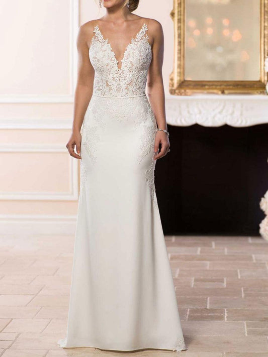 V-Neck Sleeveless Backless Lace Mermaid Wedding Dress