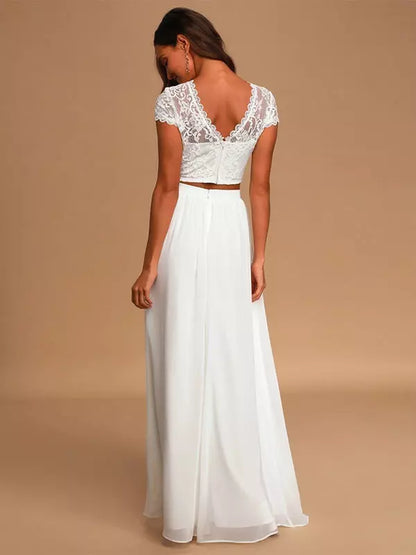 Jewel Neck A-Line Chiffon Lace Floor-Length Two-piece Wedding Dress