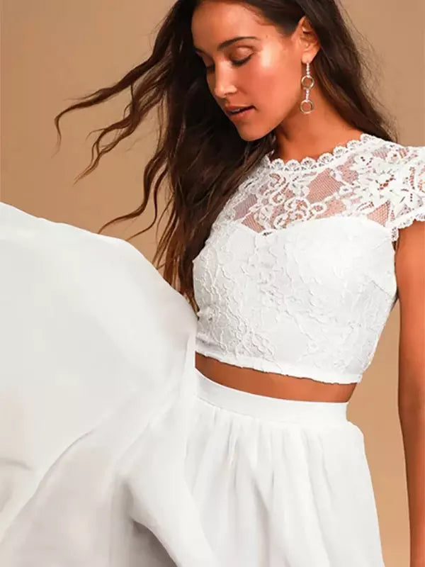 Jewel Neck A-Line Chiffon Lace Floor-Length Two-piece Wedding Dress