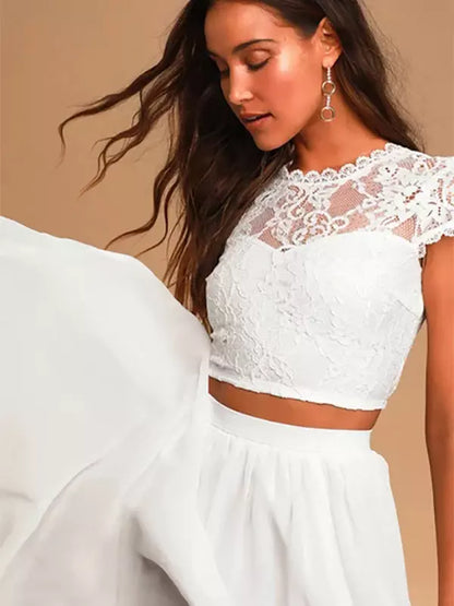 Jewel Neck A-Line Chiffon Lace Floor-Length Two-piece Wedding Dress