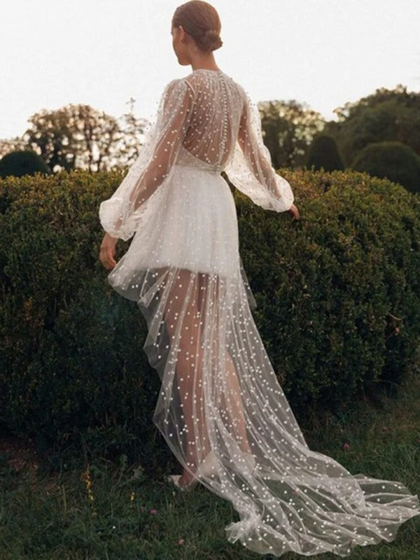 Jewel Neck Long Sleeves A-Line Asymmetric Short Wedding Dress