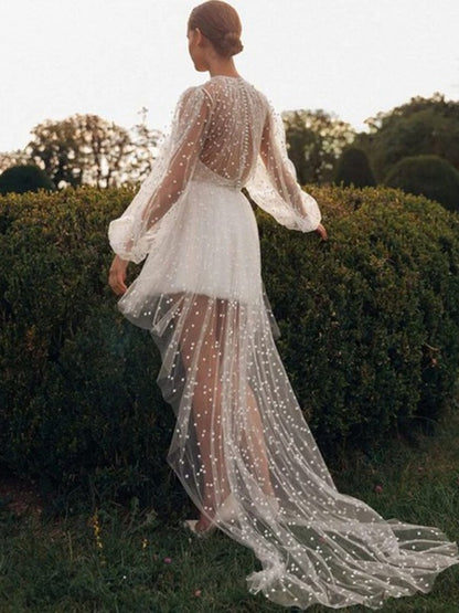 Jewel Neck Long Sleeves A-Line Asymmetric Short Wedding Dress