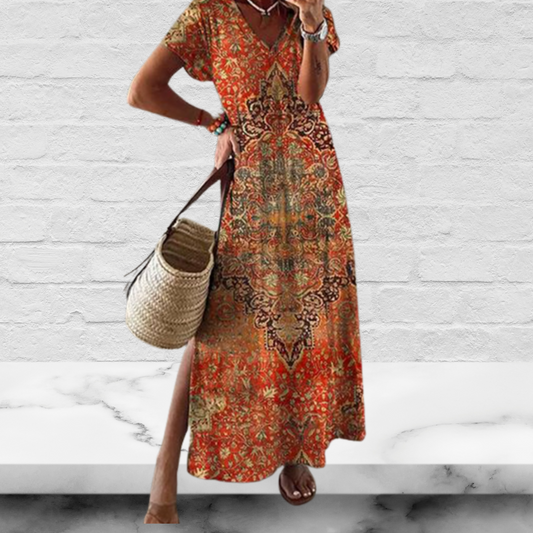 Orange Printed V Neck Short Sleeves Casual Dress