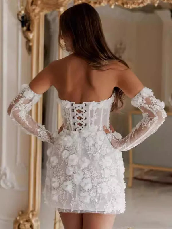 Flower Lace Strapless 3/4 Length Sleeves Short Wedding Dress