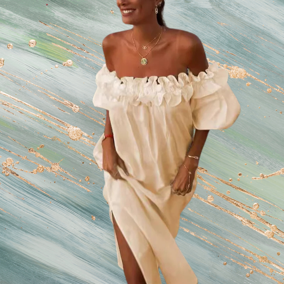Linen Blend Off Shoulder Ruffle Puff Sleeve Midi Dress