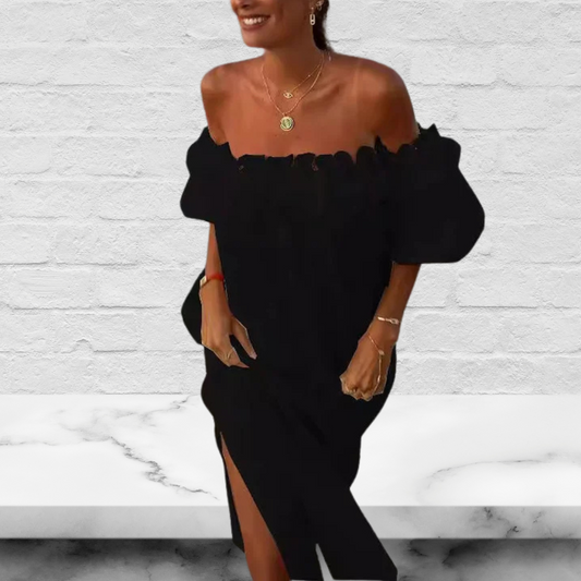 Linen Blend Off Shoulder Ruffle Puff Sleeve Midi Dress