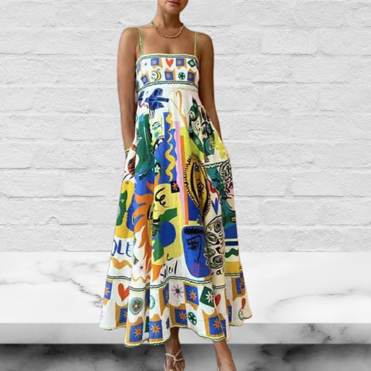 Linen Blend Unique Print Smocked Back Midi Dress