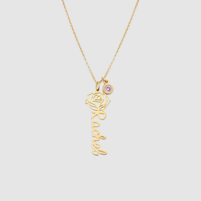 Blooming Birth Flower Name Necklace with Birthstone