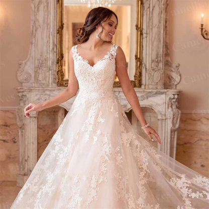 Lace V Neck Sleeveless Wedding Dress