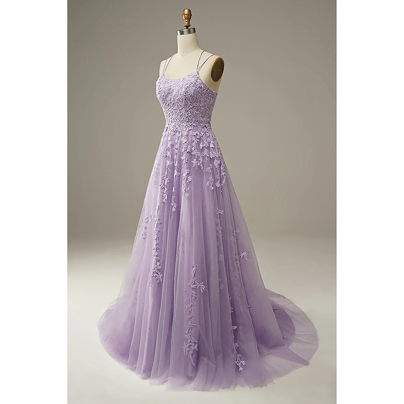 A-Line Purple Spaghetti Straps Long Prom Dress