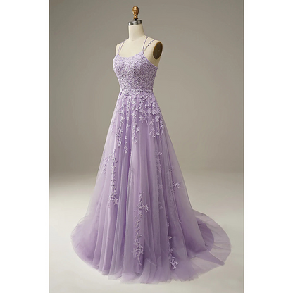 A-Line Purple Spaghetti Straps Long Prom Dress