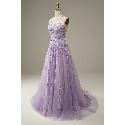A-Line Purple Spaghetti Straps Long Prom Dress