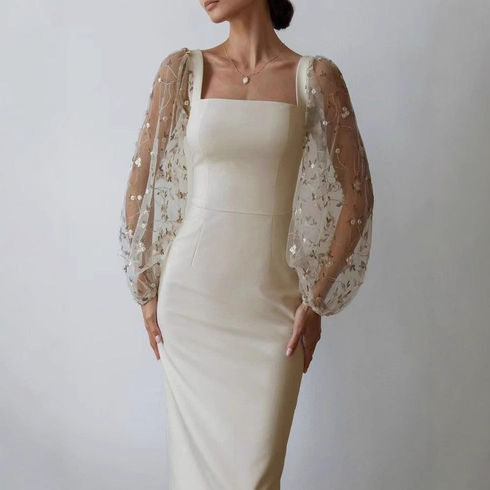 Satin Square Neckline Long Sleeves Sheath Cocktail Dress