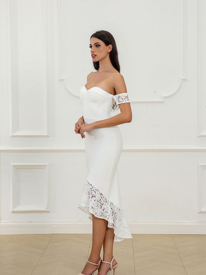 White Off-the-shoulder Sleeveless Lace Embroidered Bridesmaid Dress