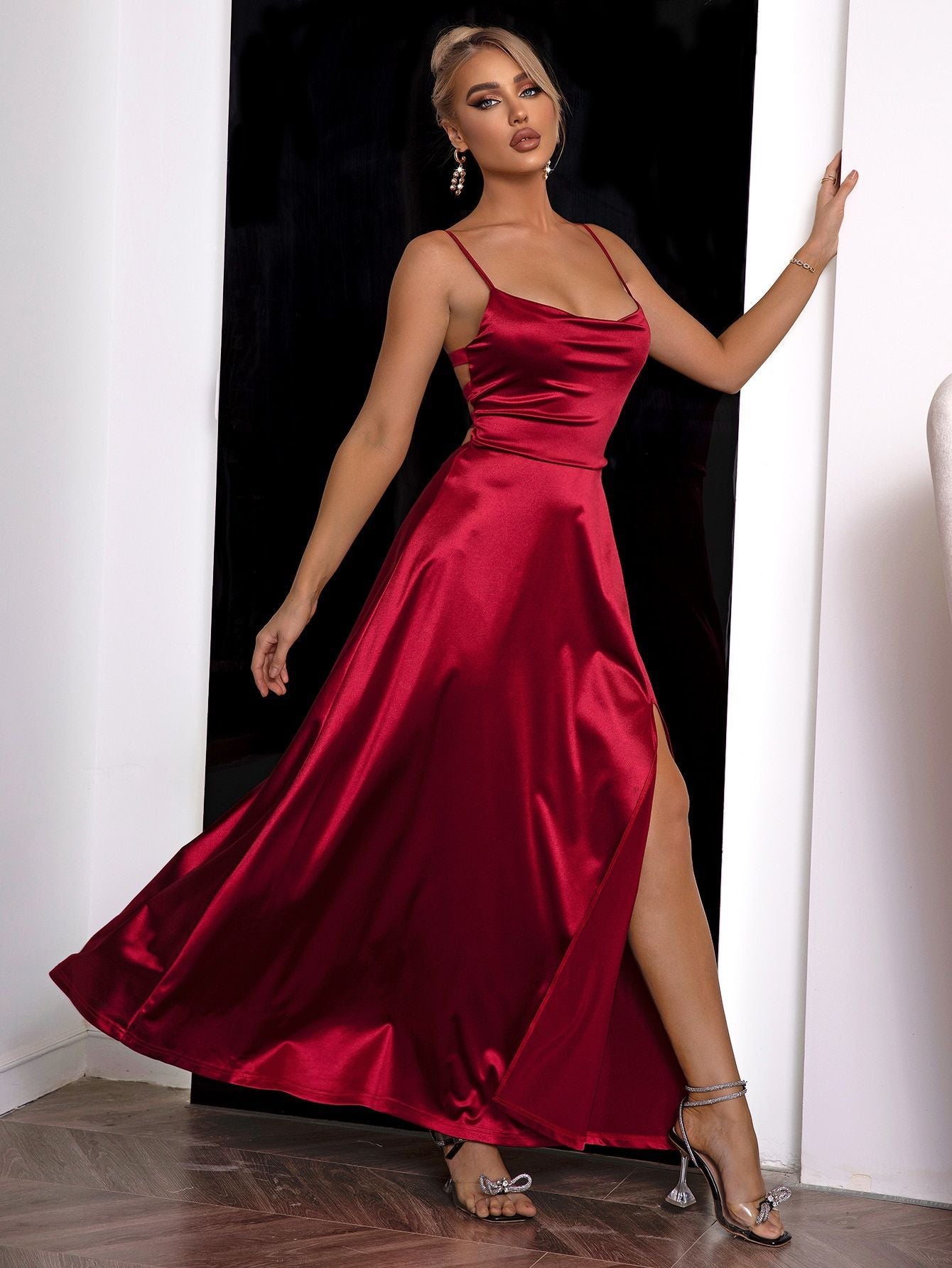 Satin Cowl Neck Ankle-length Prom Dress