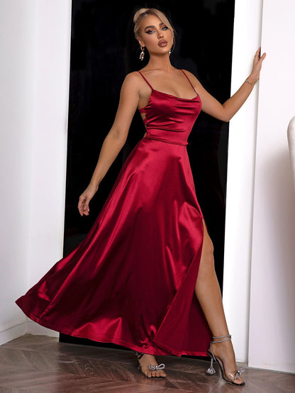 Satin Cowl Neck Ankle-length Prom Dress