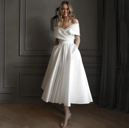 A-Line Tea-Length Off-The-Shoulder Short Wedding Dress
