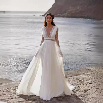 V-Neck Long Sleeves Boho Wedding Dress