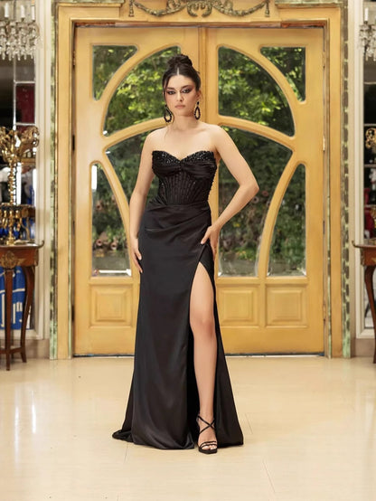 Satin V-neck Corset Mermaid Prom Dress With Beading