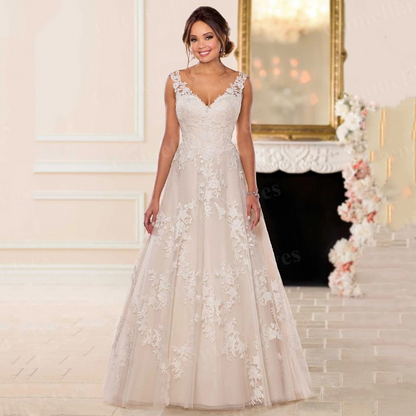 Lace V Neck Sleeveless Wedding Dress