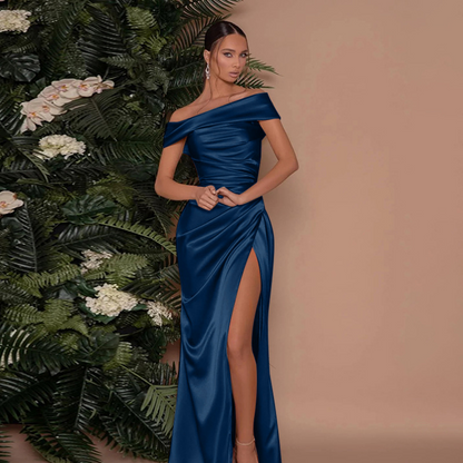 Ruched Off-the-shoulder Satin Prom Dress