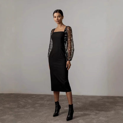 Satin Square Neckline Long Sleeves Sheath Cocktail Dress