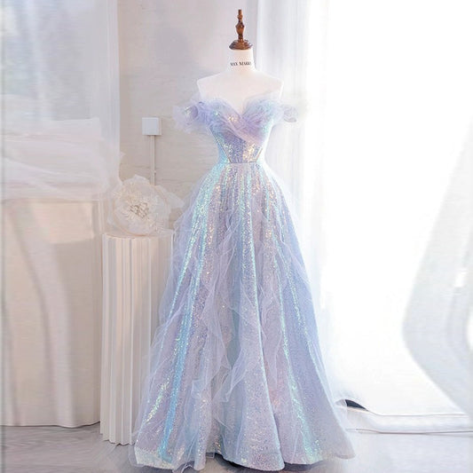 Light Blue Sparkly A Line Off the Shoulder Sequins Long Prom Dress