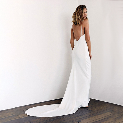Simple V-Neck Spaghetti Straps Backless Wedding Dress