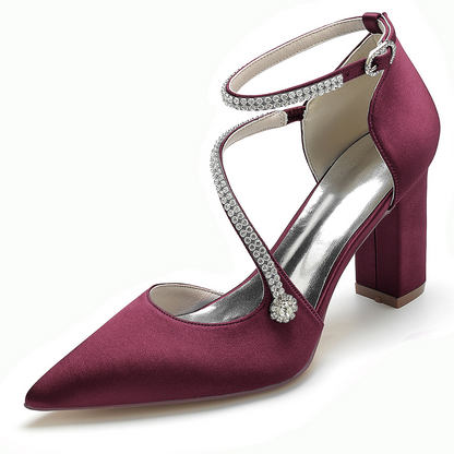 Simple Satin Block Heel Point Toe Wedding Heels