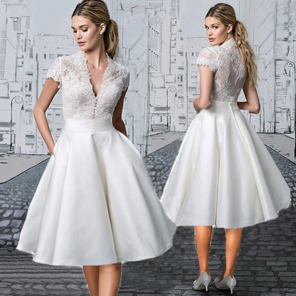 V-Neck A-Line Tea-Length Wedding Dress