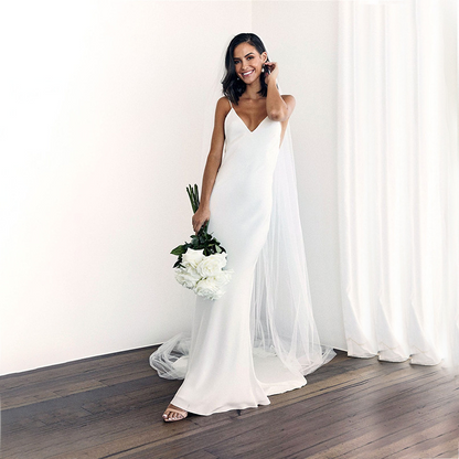 Simple V-Neck Spaghetti Straps Backless Wedding Dress