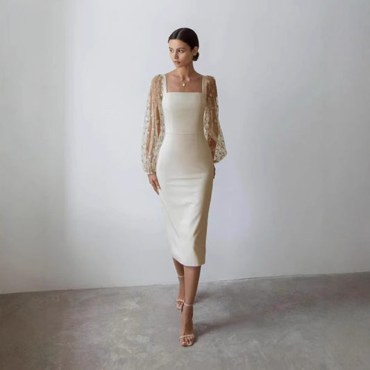 Satin Square Neckline Long Sleeves Sheath Cocktail Dress