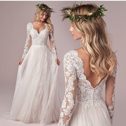 V-Neck Long Sleeves Simple Wedding Dress With Train