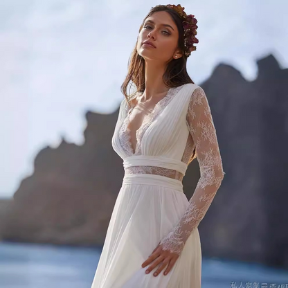 V-Neck Long Sleeves Boho Wedding Dress