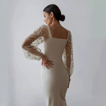 Satin Square Neckline Long Sleeves Sheath Cocktail Dress