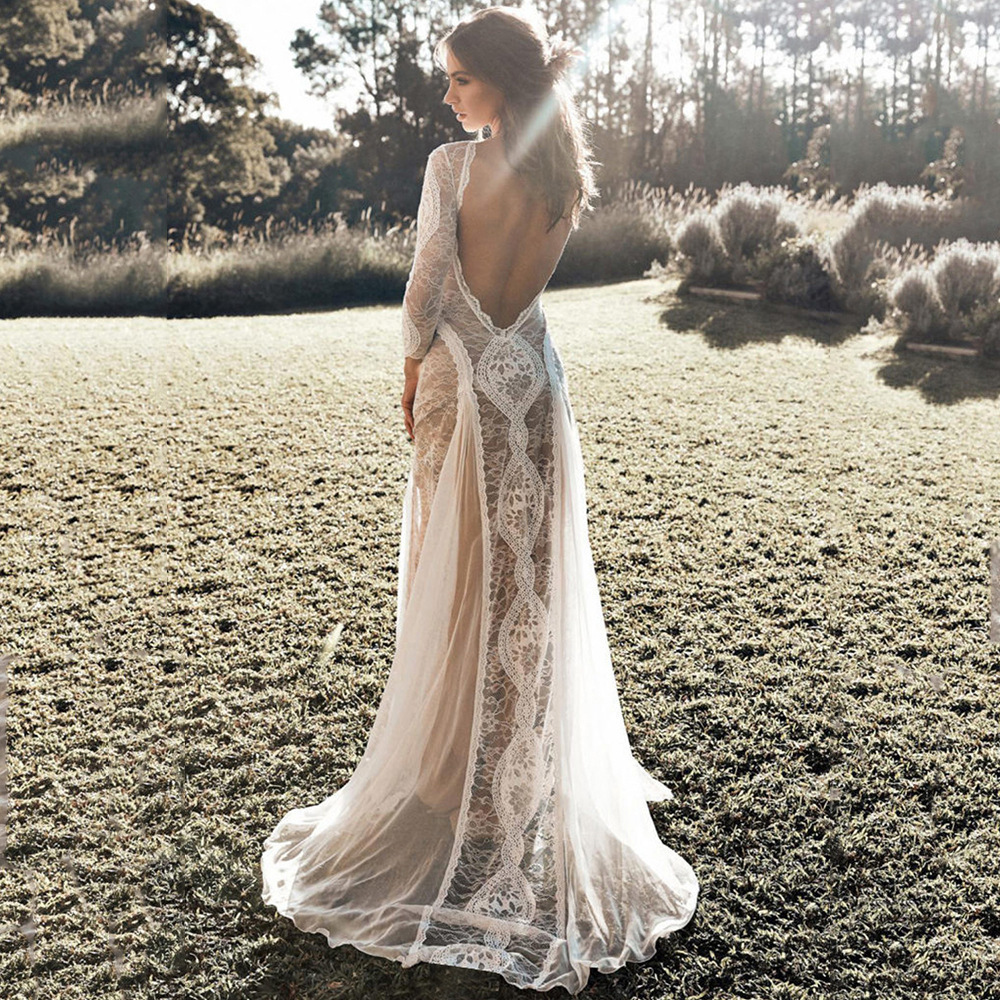 Lace Sweep Train Backless Wedding Dress With Split