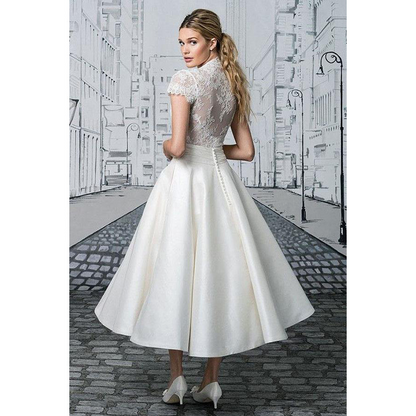 V-Neck A-Line Tea-Length Wedding Dress