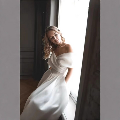 A-Line Tea-Length Off-The-Shoulder Short Wedding Dress