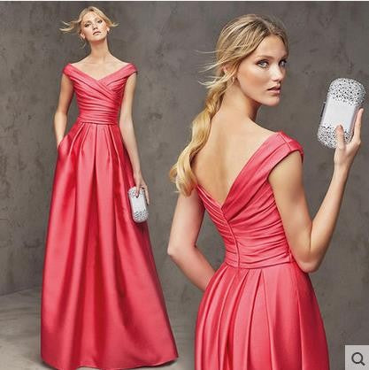 Satin A-Line V-Neck Ruched Waist Floor-Length Evening Dress