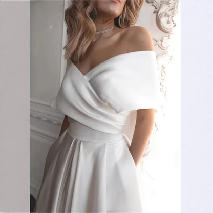 A-Line Tea-Length Off-The-Shoulder Short Wedding Dress
