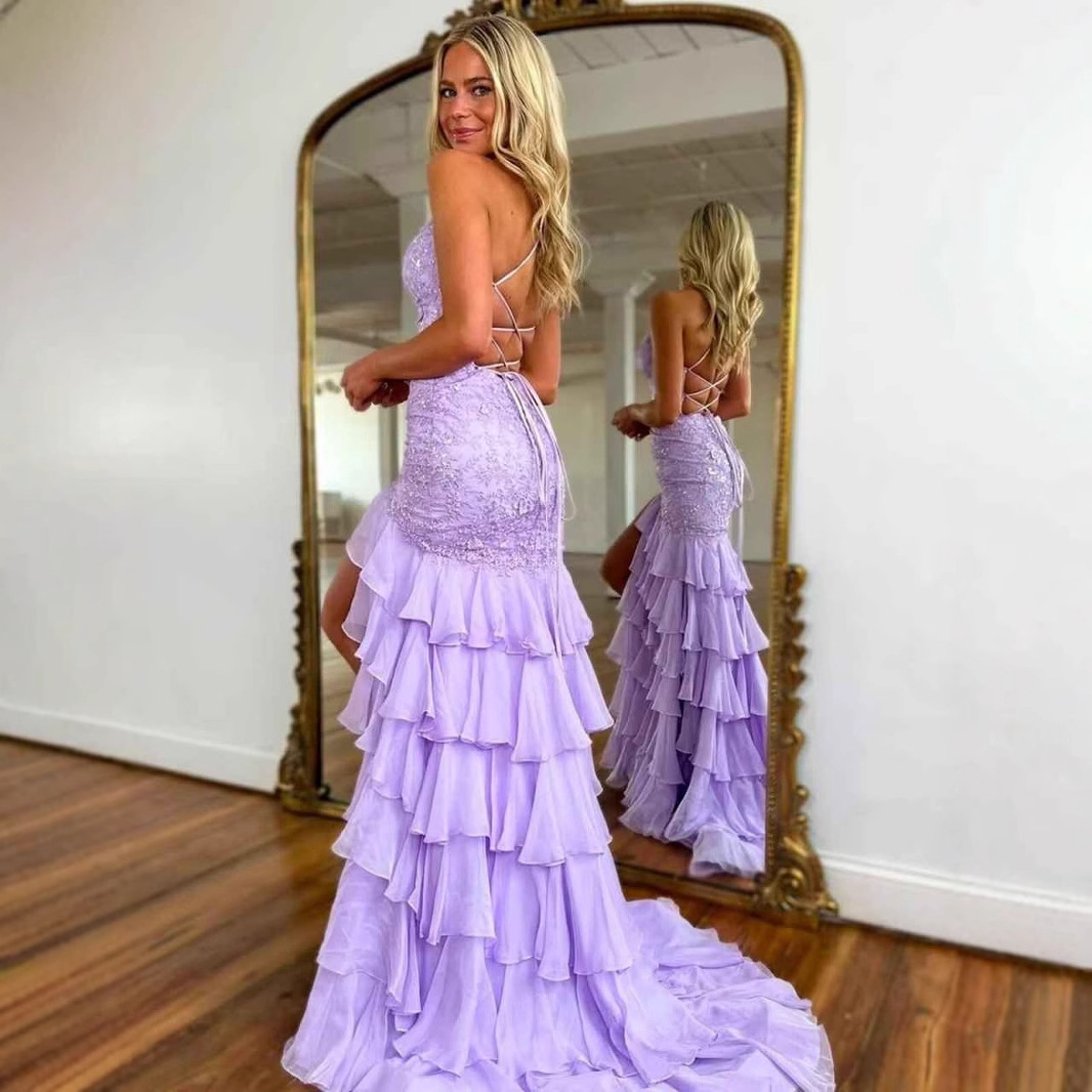 Thistle Deep V Neck Sleeveless Ruffle Prom Dress