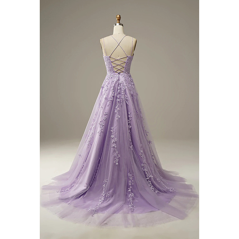 A-Line Purple Spaghetti Straps Long Prom Dress