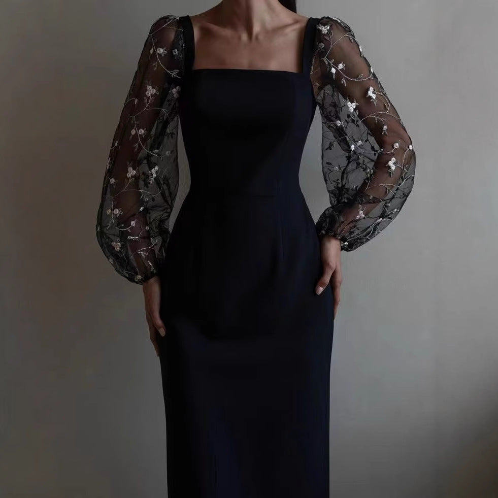 Satin Square Neckline Long Sleeves Sheath Cocktail Dress