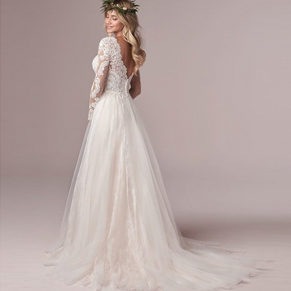 V-Neck Long Sleeves Simple Wedding Dress With Train
