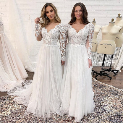 V-Neck Long Sleeves Simple Wedding Dress With Train